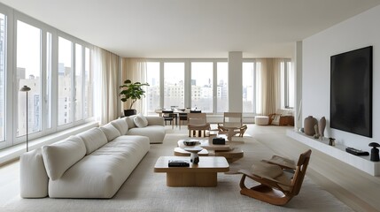 Fototapeta premium Open and airy living room with minimal decor and a neutral color palette