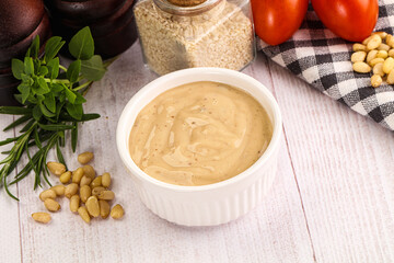 Delicious walnut creamy sauce in the bowl