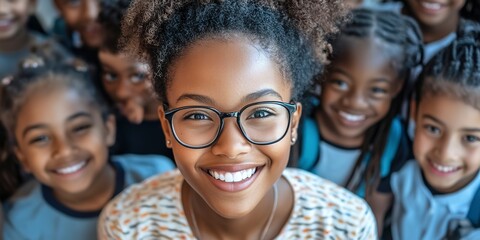 Young African-American Teacher with glasses and 4th grade class of students smiling at the camera. Back to school concept. 