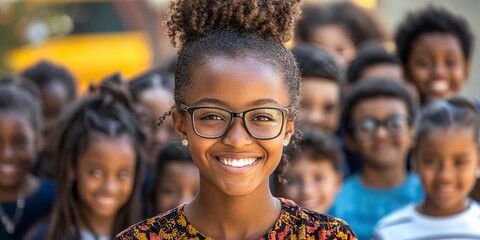 Young African-American Teacher with glasses and 4th grade class of students smiling at the camera. Back to school concept. 