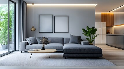 Fototapeta premium Open and uncluttered living room with a grey sofa and minimal decor