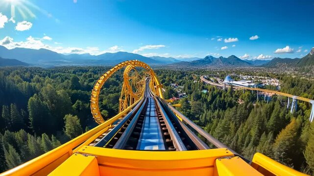 Rollercoaster track twists through lush forest with distant mountains. Vivid yellow safety bar frames first-person perspective. Bright blue sky and sunlight create exhilarating atmosphere.	