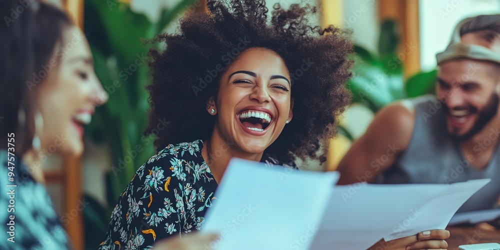 Canvas Prints Diverse group of people laughing at paperwork in a modern office