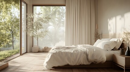 Neutral-colored bedroom with white linens, wooden flooring, and a large window