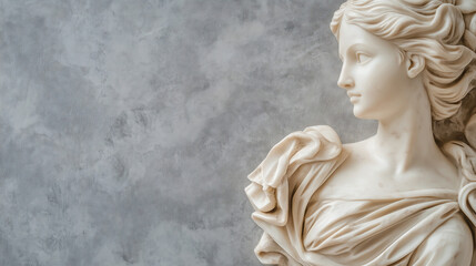 Naklejka premium PPhoto of a woman's figure carved in marble on the right side, on a light gray background with copy space for text.