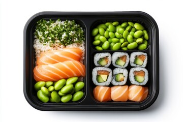 a bento box featuring sushi rolls, edamame, and pickled ginger.