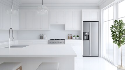 Fototapeta premium Simple kitchen layout with a white countertop, modern appliances, and minimal decor