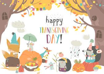 Cute animals celebrating Thanksgiving day in the forest