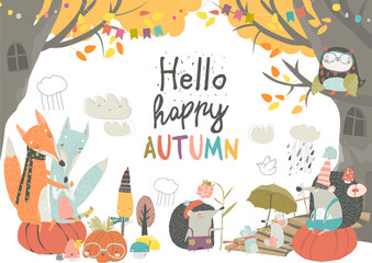 Fototapeta premium Funny animals meeting autumn in the forest