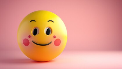 Shy 3D yellow emoji with blushing cheeks and a small smile, set against a soft, pastel pink background.