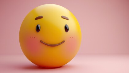 Fototapeta premium Shy 3D yellow emoji with blushing cheeks and a small smile, set against a soft, pastel pink background.