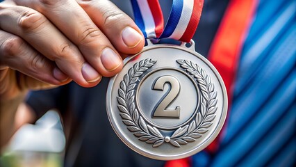 hand holding a silver medal with 2nd place, second place medal