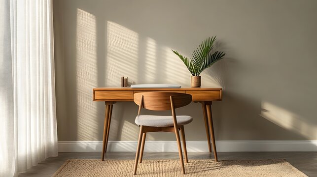 Simple workspace with a wooden desk, a chair, and a single plant