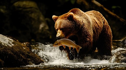 Majestic Grizzly Bear Fishing in Rushing Stream
