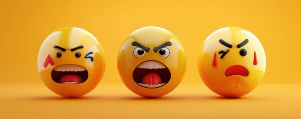 Fototapeta premium Set of 3D emojis showing laughter, anger, and surprise, with clear space for text, captured in