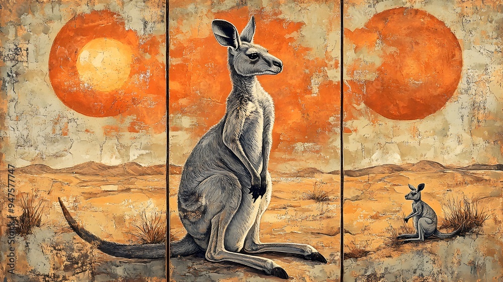 Poster Three panels depicting painting kangaroo in the sunset