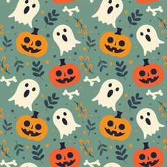Seamless Halloween Pattern with Ghosts, Pumpkins, and Leaves