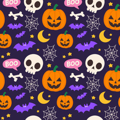 Seamless Halloween Pattern with Skulls, Pumpkins, Bats, and Stars in Dark Background