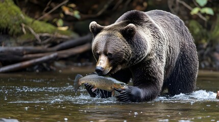 Obraz premium Powerful Grizzly Bear Fishing in Wilderness River