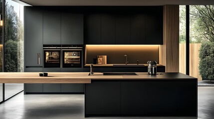 A minimalist kitchen with modern appliances and a wooden countertop