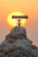A photo of an ant carrying one piece of wood on its back, with the sun setting in the background. 