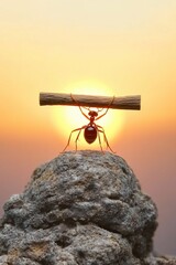 A photo of an ant carrying one piece of wood on its back, with the sun setting in the background. 