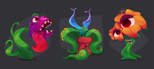 Scary monster plants with head flowers. Cartoon vector illustration set of fantasy alien creepy carnivore horrible game ui design characters with terrible eyes and mouth with teeth and tongue.