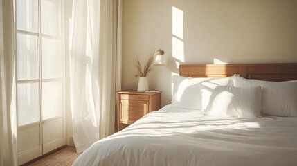 Minimalist bedroom with white bedding, a wooden nightstand, and natural light