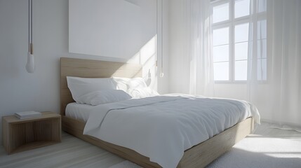 Minimalist bedroom with white bedding, a wooden nightstand, and a single lamp