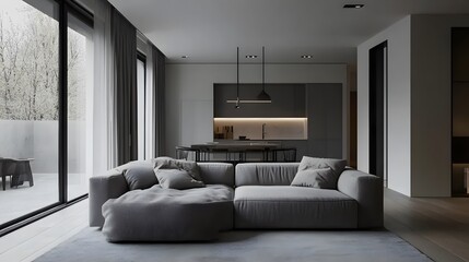 Fototapeta premium Open and airy living room with minimal decor and a grey sofa