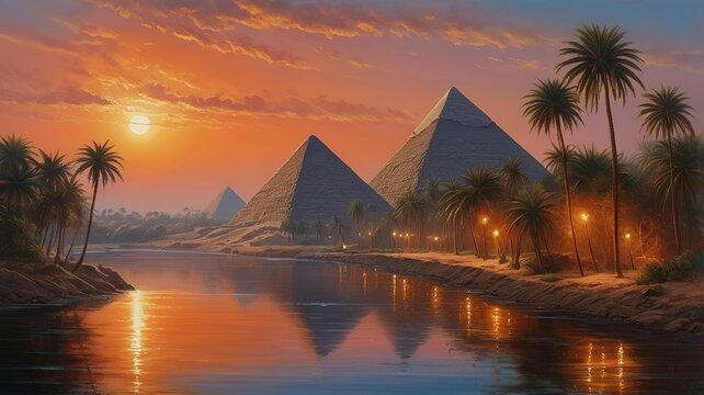 sunset over the pyramids background illustration photo