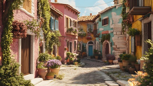 Fototapeta 92. "A picturesque 3D depiction of a traditional Mediterranean village with colorful buildings and narrow streets