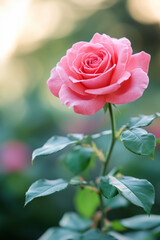 A delicate pink rose blooms gracefully in the garden, its petals soft and fragrant under the morning sun.  