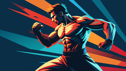 Muscular fighter in motion with abstract lines indicating speed and movement, against a background of contrasting blue and orange colors