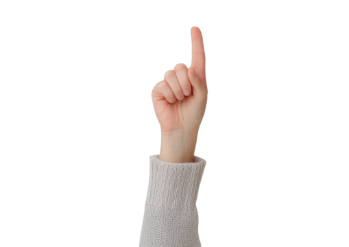 PNG A raised hand with one finger pointing upwards, indicating alertness or a suggestion. Ideal for expressions of ideas.