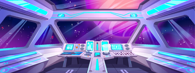 Futuristic spaceship cockpit interior with pilot control panel, windows with cosmos outside, neon glowing screens and navigation dashboard. Cartoon rocket or spacecraft cabin room travel in space. © klyaksun