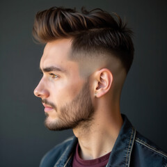 Obraz premium Stylish Male Profile Shots Featuring Trendy Fade Haircuts and Shaved Line Designs - Professional Closeup Photography