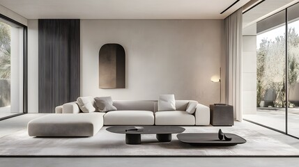 A clean, modern living room with neutral tones and minimal decor