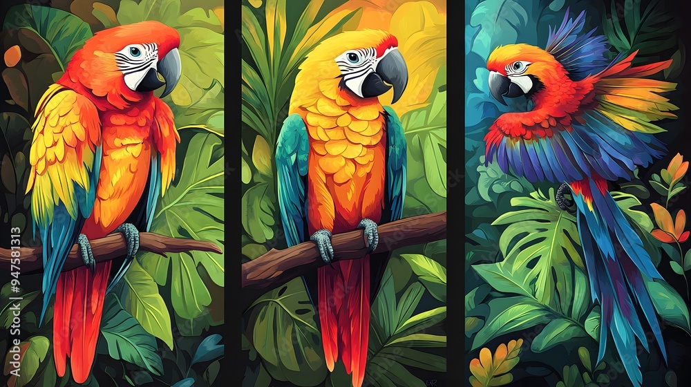 Poster three panels depicting painting blue and yellow macaw ara ararauna