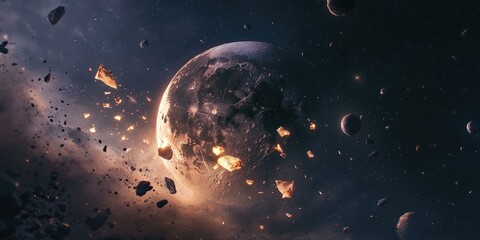 Naklejka premium A planet is bombarded by asteroids in space.