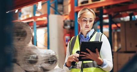 Woman, inventory and stock with tablet in logistics for quality control, assurance or distribution...