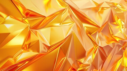 A close-up image of a digitally rendered abstract golden surface with a crinkled texture, showcasing a geometric pattern with metallic reflections.