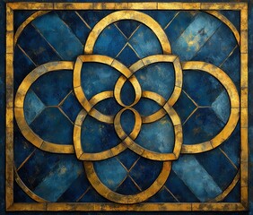 Blue and gold background with a symmetrical geometric pattern in the center, suitable for  printing