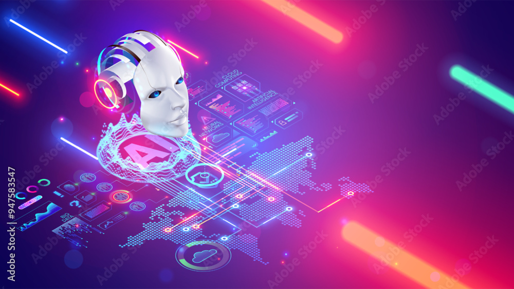 Poster AI chat bot technology concept. Robot, chat bot head hanging over digital map of world. Development Artificial intelligence support service. AI chatbot support online users all world through internet.