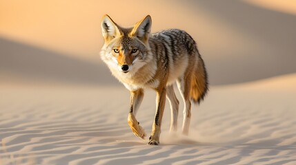 Fototapeta premium Coyote Sprinting Across the Arid Desert Landscape