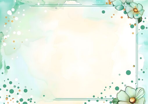 Watercolor Background with Floral Border and Dots. Template for quotes, and greetings cards.