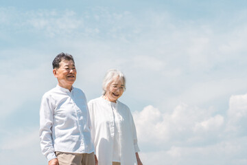 公園・旅行先を話しながら歩く高齢者夫婦（シニア・男女） 