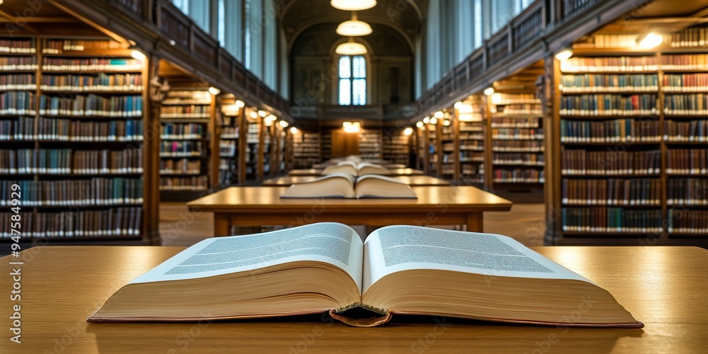 Poster Books on open table in library academic education learning concept 