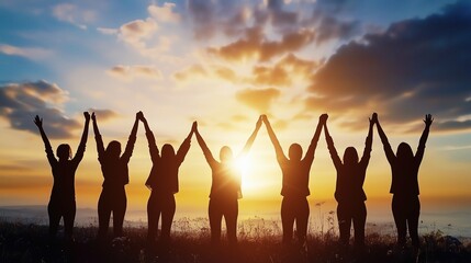 Silhouettes of people with their arms raised in the air at sunrise.