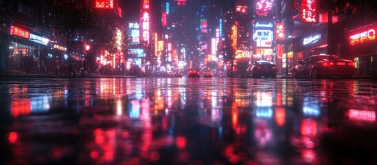 Naklejka premium Neon Cityscape After Rain